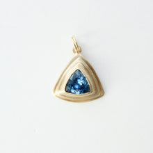 Load image into Gallery viewer, talayee fine jewelry's ooak persepolis pendant featuring a blue trillion cut sapphire set in 14k gold shown on a white background