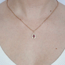 Load image into Gallery viewer, Talayee Fine Jewelry's Persepolis Pendant with a pear pear shaped tourmaline set in 14k yellow gold shown modeled on a necklace