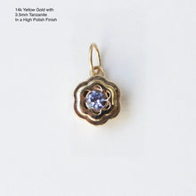 Load image into Gallery viewer, Talayee Fine Jewelry's Petite Bloom Charm. A 14k gold floral pendant with a tanzanite on a white background