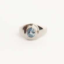 Load image into Gallery viewer, 14k white gold ring with 1.2ct icy blue montana sapphire on a white background. Talayee Fine Jewelry's signature Persepolis Signet Ring