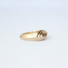 Load image into Gallery viewer, Talayee Fine Jewelry's Persepolis ring featuring an orange marquise cut sapphire set in 18k gold in the triple bezel shown on a white background