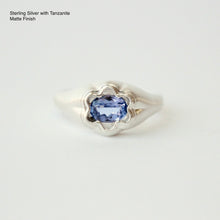 Load image into Gallery viewer, Silver Bloom ring with a blue tanzanite gemstone on a white background