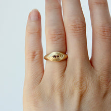 Load image into Gallery viewer, Talayee Fine Jewelry's Persepolis ring featuring an orange marquise cut sapphire set in 18k gold in the triple bezel shown on hand