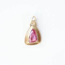 Load image into Gallery viewer, talayee fine jewelry's persepolis pendant featuring a hot pink sapphire set in 14k gold shown on a light gray background