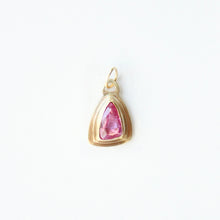 Load image into Gallery viewer, talayee fine jewelry's persepolis pendant featuring a hot pink sapphire set in 14k gold shown on a light gray background