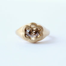 Load image into Gallery viewer, Talayee Fine Jewelry's Bloom Ring made of 18k yellow gold and a cognac diamond in a floral like setting on a white background.