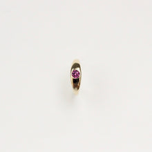 Load image into Gallery viewer, 14k gold and pink rhodolite garnet huggie hoop earring on white background