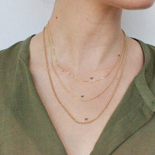 Load image into Gallery viewer, talayee fine jewelry necklace length guide. 16" , 18", and 20" long chain necklaces on figure.