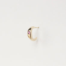 Load image into Gallery viewer, 14k gold and pink rhodolite garnet huggie hoop earring