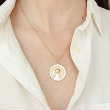 Load image into Gallery viewer, 14k gold medallion pendant on figure. Affordable Foundrea style medallion pendant.