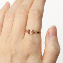 Load image into Gallery viewer, 14k gold and rose pink zircon solitaire ring on figure. handmade in san francisco by talayee fine jewelry