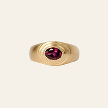 Load image into Gallery viewer, Talayee fine jewelry's persepolis ring featuring an oval purple pink garnet set in a 14k three tier bezel ring on a white background