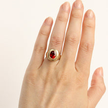 Load image into Gallery viewer, Talayee Fine Jewelry's Signature Persepolis Gemstone Signet ring with a reddish orange spessartite garnet set in 14k yellow gold that can be the ultimate cool girl engagement ring. Bold gold jewelry for her and for him.