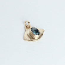 Load image into Gallery viewer, A 14k yellow gold evil eye pendant with a montana sapphire handmade by Talayee Fine Jewelry in San Francisco
