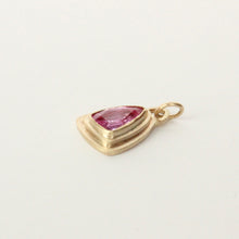 Load image into Gallery viewer, hot pink fancy cut sapphire pendant set in 14k gold handmade by talayee fine jewelry