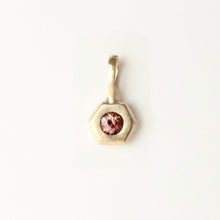 Load image into Gallery viewer, 14k yellow gold pendant with a pink-brown zircon gemstone shown on a white background. Talayee Fine Jewelry Hexad Charm.