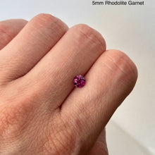 Load image into Gallery viewer, loose 5mm rhodolite garnet round for Talayee Fine Jewelry's Juno Ring