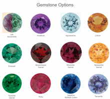 Load image into Gallery viewer, Chart of gemstone options including lab alexandrite, amethyst, aquamarine, citrine, emerald, mozambique garnet, rhodolite garnet, spearsite garnet, tsavorite garnet, ruby, sapphire, and tanzanite.