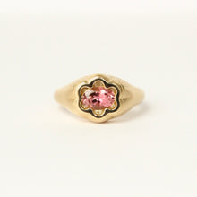 Load image into Gallery viewer, Talayee Fine Jewelry&#39;s Bloom Ring made of 18k yellow gold and a pink tourmaline in a floral like setting on a white background.
