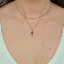 Load image into Gallery viewer, talayee fine jewelry's persepolis pendant featuring a rose toned zircon and a champagne diamond fringe shown on figure

