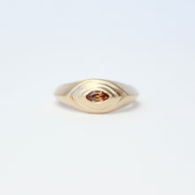 Load image into Gallery viewer, Talayee Fine Jewelry's Persepolis ring featuring an orange marquise cut sapphire set in 18k gold in the triple bezel shown on a white background
