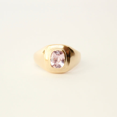 Talayee Fine Jewelry's Signature Persepolis Gemstone Signet ring with a pale pink sapphire set in 14k yellow gold that can be the ultimate cool girl engagement ring. Bold gold jewelry for her and for him. 