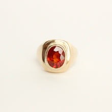 Load image into Gallery viewer, Talayee Fine Jewelry&#39;s Signature Persepolis Gemstone Signet ring with a orange spessartite garnet set in 14k yellow gold that can be the ultimate cool girl engagement ring. Bold gold jewelry for her and for him. 
