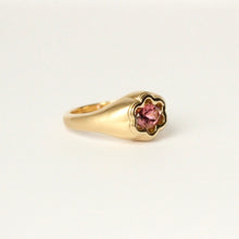 Load image into Gallery viewer,  18k gold ring with a oval pink Tourmaline set in a floral setting side view shown on a white background.
