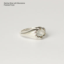 Load image into Gallery viewer, Talayee Fine Jewelry&#39;s Bloom Ring made of sterling silver and a moonstone in a floral like setting side view on a white background.
