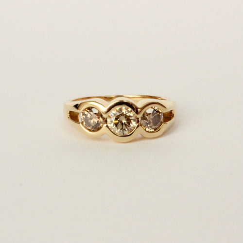 18k yellow gold champagne diamond three stone alternative engagement ring