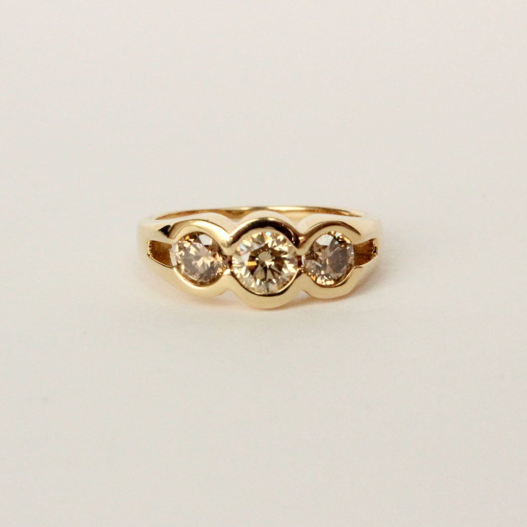 18k yellow gold champagne diamond three stone alternative engagement ring