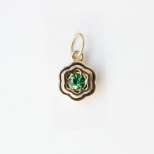 Load image into Gallery viewer, Talayee Fine Jewelry's Petite Bloom Charm. A 14k gold floral pendant with a green tsavorite garnet on a white background
