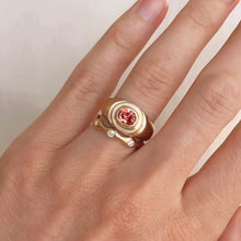 Load image into Gallery viewer, the 14k low tide band styled with talayee fine jewelry&#39;s persepolis signet ring
