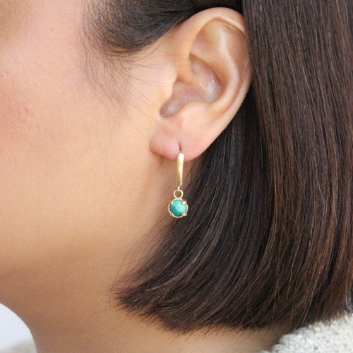 14k and turquoise drop earrings on figure. best place in san francisco for handmade jewelry.