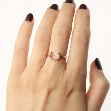 Load image into Gallery viewer, 14k gold and oval sunstone solitaire ring on model perfect as an alternative engagement ring handmade by talayee fine jewelry in san francisco
