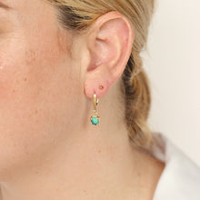 Load image into Gallery viewer, San Francisco jewelry brand similar to Prounis Jewelry. Chrysocolla and 14k gold drop earrings on figure.

