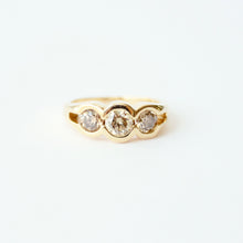 Load image into Gallery viewer, 18k yellow gold champagne diamond three stone alternative engagement ring on a white background. handmade in san francisco by talayee fine jewelry
