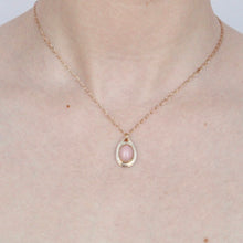 Load image into Gallery viewer, Talayee fine jewelry&#39;s persepolis pendant featuring a pink opal set in 14k gold on figure

