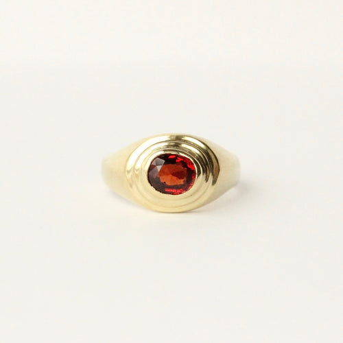 talayee fine jewelry's persepolis ring featuring a red spinel set in 18k gold shown on a white background