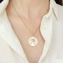 Load image into Gallery viewer, 14k gold medallion pendant on figure. Affordable Foundrea style medallion pendant.
