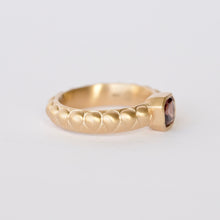 Load image into Gallery viewer, Talayee Fine Jewelry's Atousa Bezel ring featuring a purple asscher cut spinel set in 14k gold side view shown on a white background
