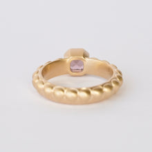Load image into Gallery viewer, Talayee Fine Jewelry's Atousa Bezel ring featuring a purple asscher cut spinel set in 14k gold back view shown on a white background
