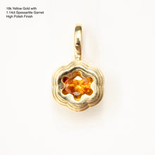 Load image into Gallery viewer, Talayee Fine Jewelry&#39;s Bloom Pendant made of 18k yellow gold and an orange Spessartite Garnet in a floral like setting on a white background.
