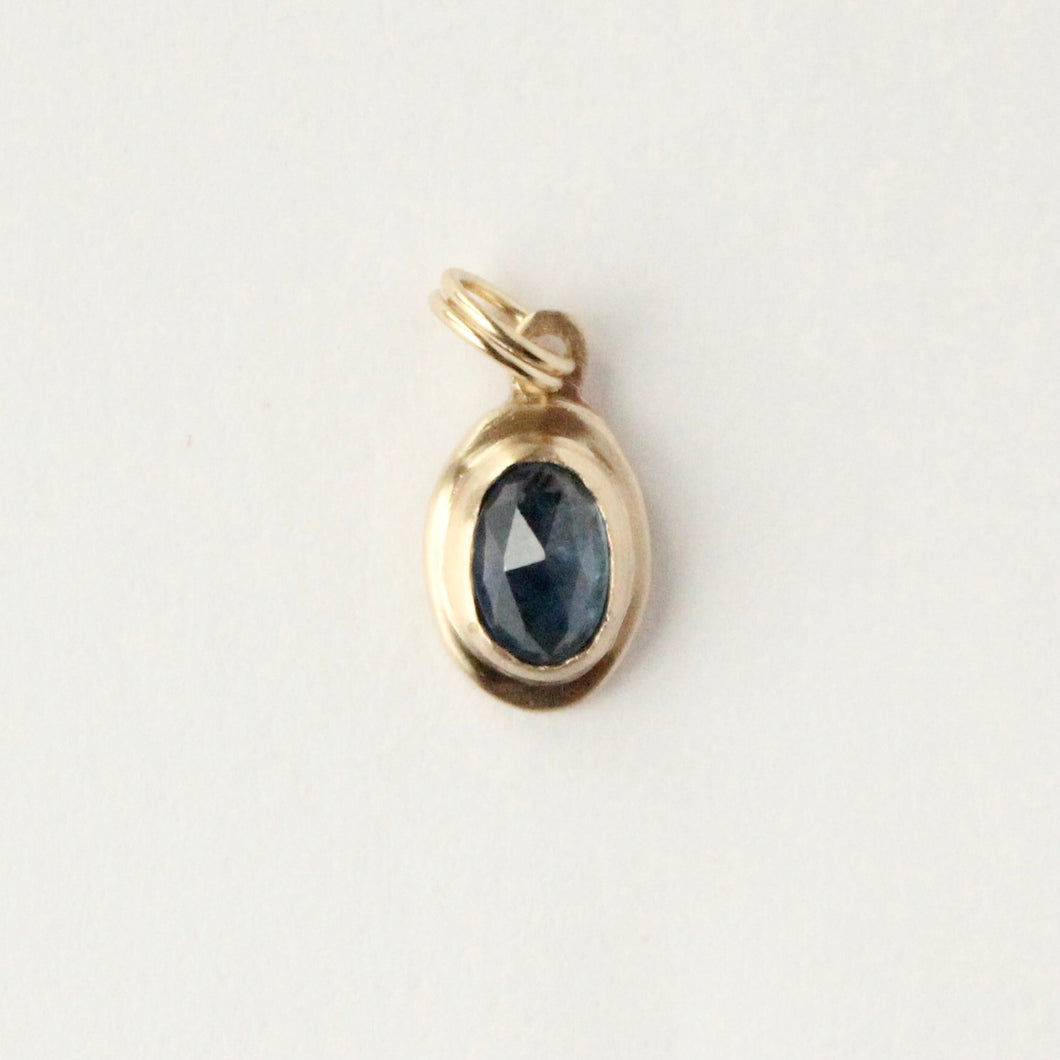 14k gold and rosecut montana sapphire charm pendant handmade by talayee fine jewelry