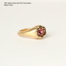 Load image into Gallery viewer, Talayee Fine Jewelry&#39;s Bloom Ring made of 18k yellow gold and a pink tourmaline in a floral like setting on a white background.
