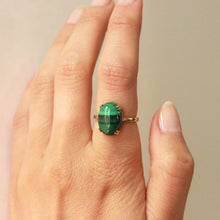 Load image into Gallery viewer, Malachite and solid 14k gold cocktail ring on finger
