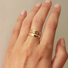 Load image into Gallery viewer, 14k gold dot circle stacking ring stacked with 2mm gold band and 4mm gold band
