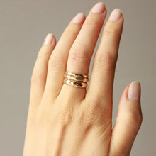 Load image into Gallery viewer, short and sweet ring vows. 14k solid gold stacking rings on figure.

